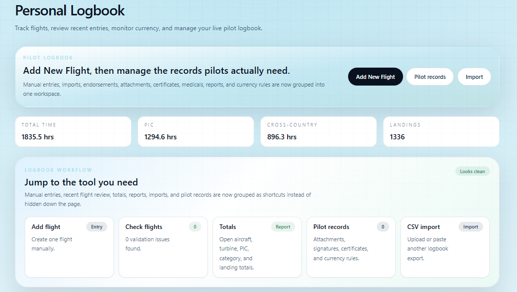 Personal logbook home showing totals and shortcuts for add flight, check flights, totals, pilot records, and CSV import.