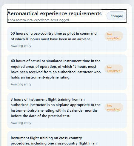 Compact aeronautical experience requirements panel with incomplete instrument requirements.