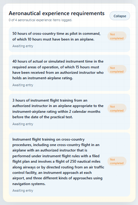 Expanded aeronautical experience requirements panel listing instrument rating requirements in detail.