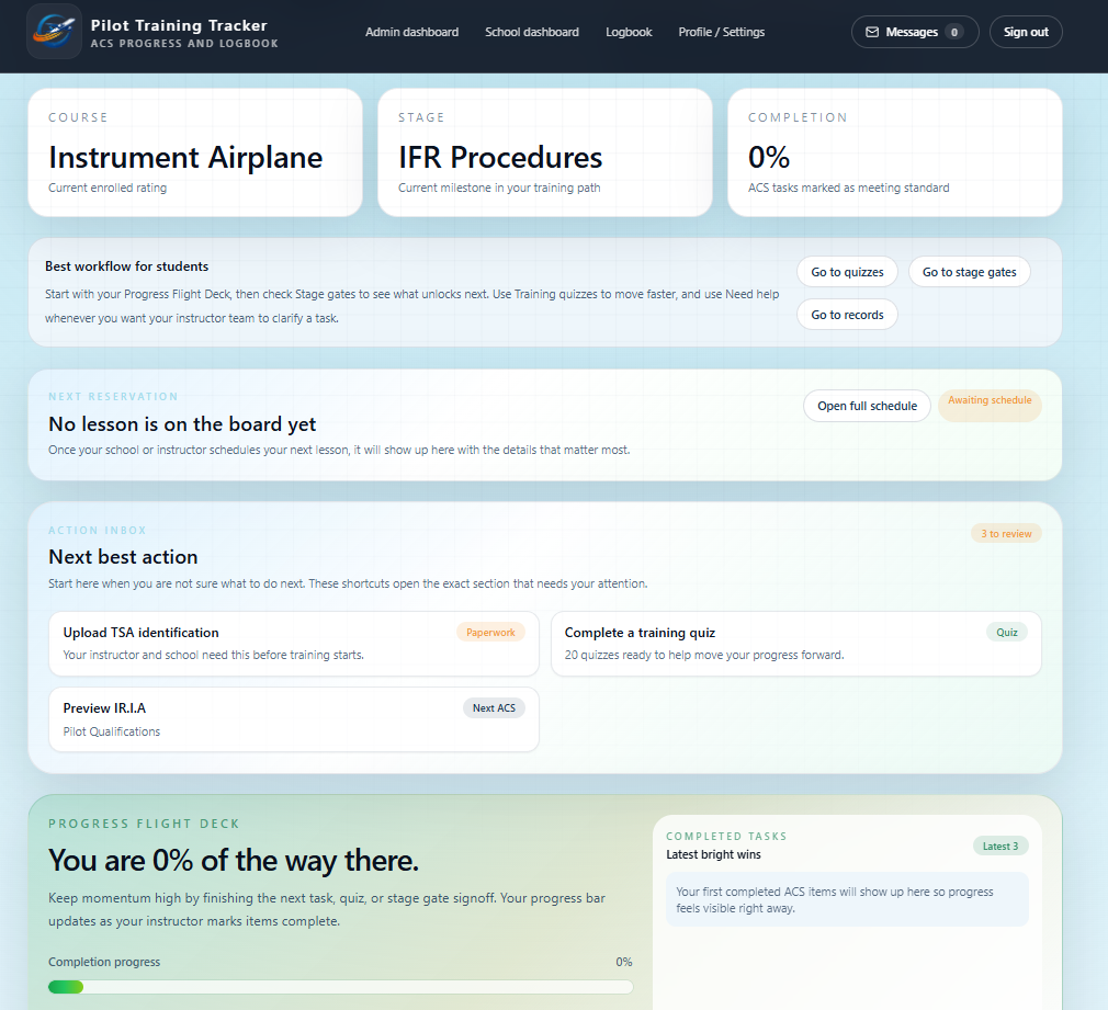 Student dashboard showing course, stage, completion, next reservation, and next best action cards.