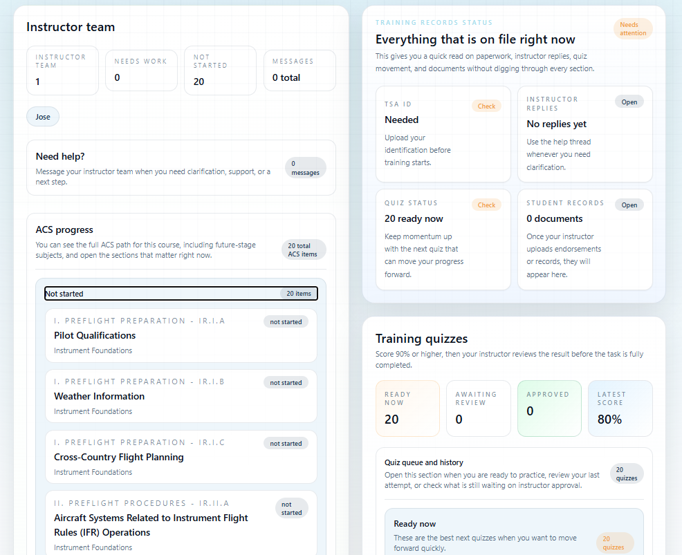 Student dashboard showing instructor team, training records status, ACS progress, and quiz status panels.